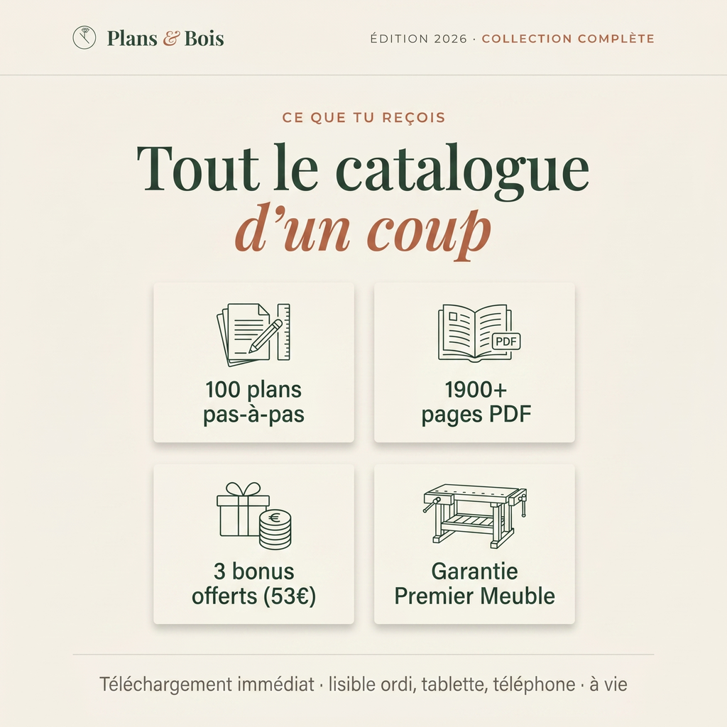 Ce que tu reçois — 100 plans, 1900+ pages, 3 bonus, garantie