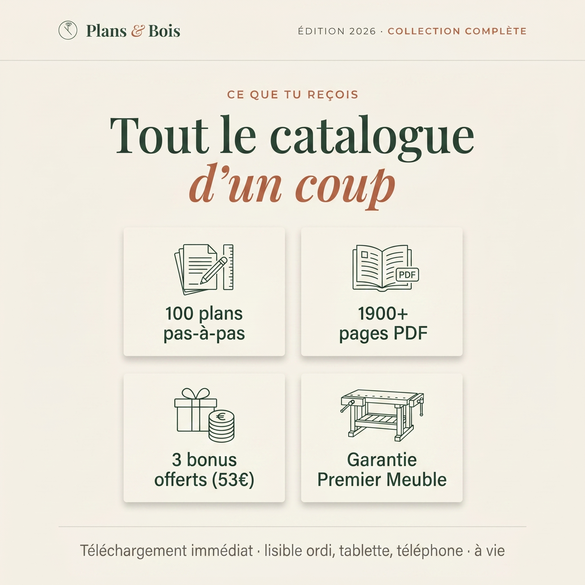 Ce que tu reçois — 100 plans, 1900+ pages, 3 bonus, garantie
